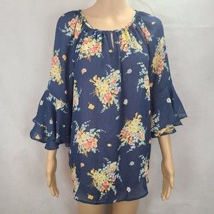New Chaps Women's (M) Blue & Floral Print Semi Sheer 3/4 Ruffle Sleeve Tunic Top